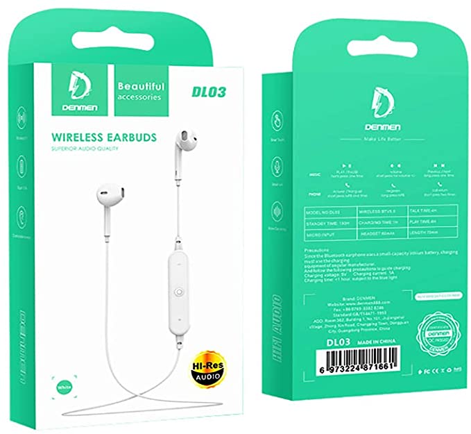 DENMEN Bluetooth Headphones, Best Wireless Sports Earbuds with Mic/Microphone, Splashproof Stereo Comfort Gym Running Workout up to 4.5 hour battery, white