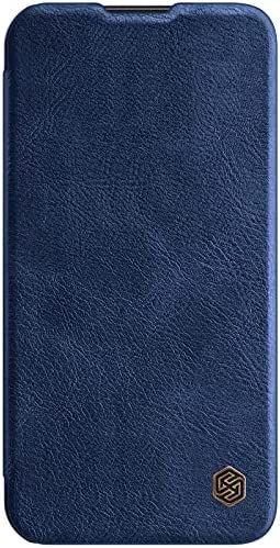 Nillkin Case for Apple iPhone 13 (6.1" Inch) Qin Pro Camshield Camera Slider Genuine Classic Leather Flip Folio + Card Slot Blue Color