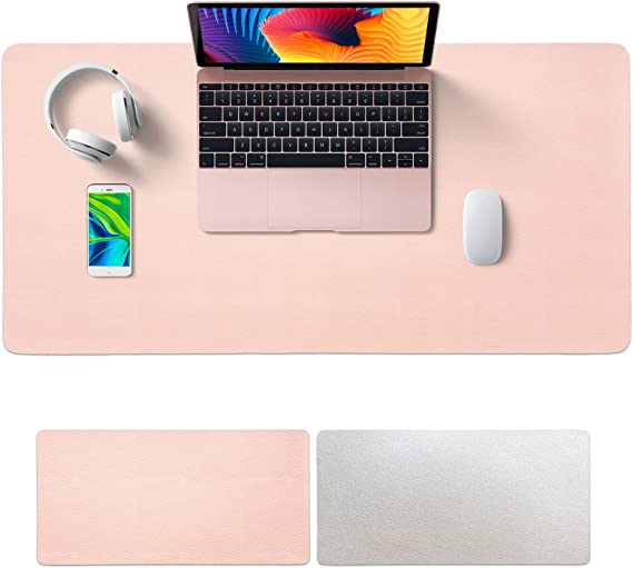 SKY-TOUCH Multifunctional Desk Pad Leather Computer Mouse Pad Office Desk Mat Extended Gaming Mouse Pad, Non-Slip Waterproof Dual-Side Use Desk Mat Protector (Pink/White)