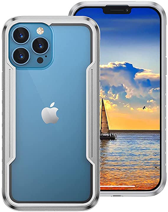 Compatible with iPhone 13 Pro Max 6.7’’ Case 2021,Edge Shockproof Military Grade Protection,Durable Aluminum Frame,Flexible TPU Bumper Drop Protection,Crystal Clear PC Back Case,Gray