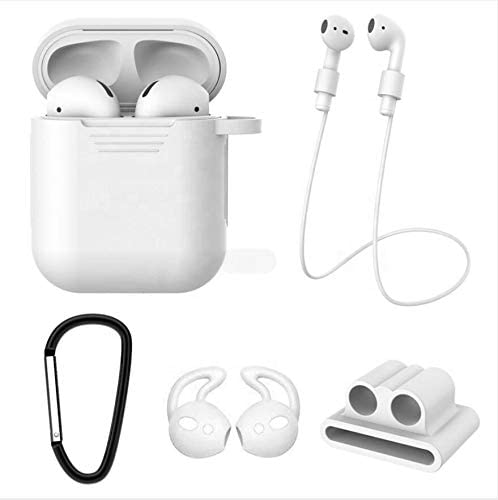 AirPods Case 5 in 1 Airpods Accessories Kits Protective Premium Silicone Case and Cover for Charging Case with Airpods Strap/Airpods Ear Hooks/Anti-Lost Carabiner/Airpods Watch Band Holder (White)