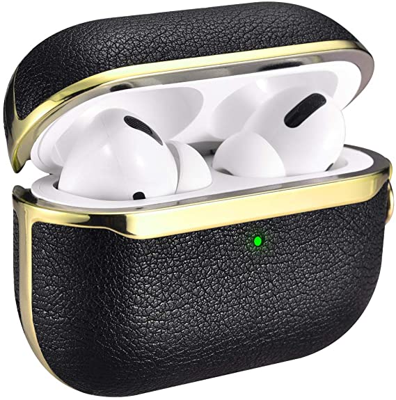 AirPods Pro Case Cover, ICARER Portable Leather Protective Cover Case with Carabiner for Apple AirPods Pro AirPods 3 Charging Case [Front LED Visible] [Support Wireless Charging] - Black