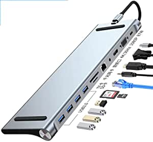 This USB C Hub for Plug and Play with USB-C PD Charging Port, 45 Gigabit RJ45 Network Port, HDMI 4K Video Output, VGA Male to Female