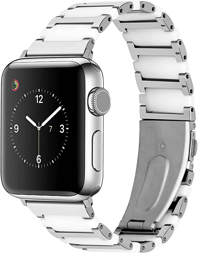 38mm 40mm 41mm 42mm 44mm 45mm Rose Gold Silver Two Tone Stainless Steel Light Weight Watch Band Black White Ceramic Strap for Apple watch iWatch 6 5 4 3 2 1 (42mm/44mm/45mm, Silver + White)