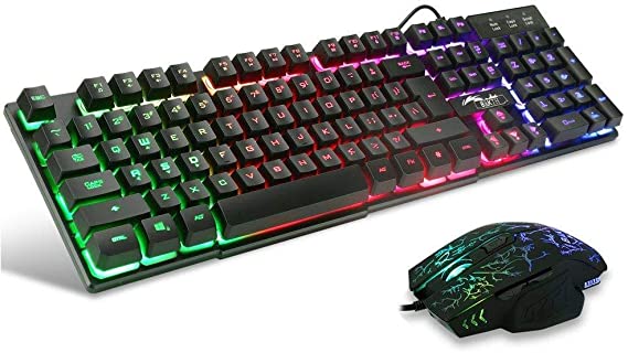 BAKTH Multiple Color LED Backlit Mechanical Feeling USB Wired Gaming Keyboard and Mouse Combo -Rainbow