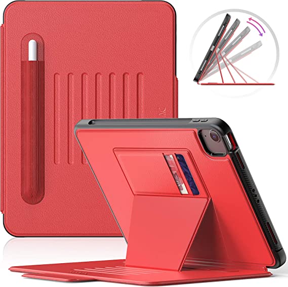SEYMAC iPad Air 4 Case 10.9", iPad Pro 11 2020/2018 Cover with [7 Adjustable Angles Strong Magnetic Stand], Dropproof Rugged Case with Pencil Holder, [Support Apple Pencil 2’s Wireless Charging], Red