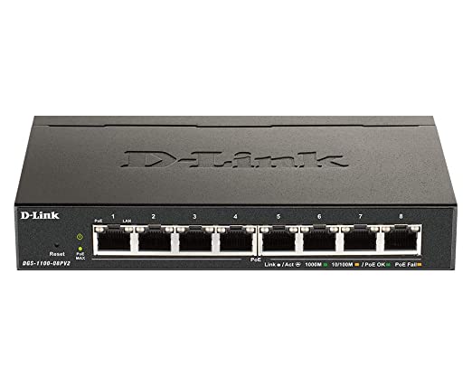 D-Link Ethernet PoE Switch, 8 Port Smart Managed w/ 64W PoE Budget Layer 2 Network Gigabit Wireless Internet (DGS-1100-08PV2)