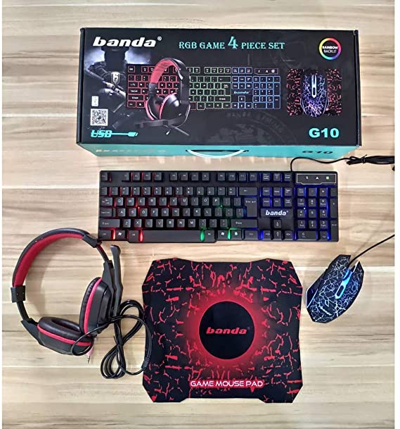 4pcs RGB Lights-Custom Complete Gaming Kit - Keyboard with Mouse and Mouse Pad with Light-up Gaming Headphones