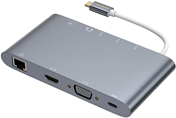 USB Type C Hub, CableCreation 10 in 1 USB C Thunderbolt 3 Dock to HDMI, VGA, Ethernet, 3 USB 3.0 Port, 3.5mm Audio, SD/Micro SD Card Reader and USB-C 60W PD Compatible with MacBook Pro/Air 2020, 2018