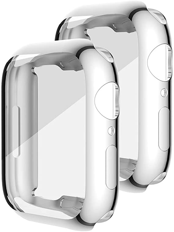 [2 Pack] HANKN for Apple Watch Series 7 Screen Protector 45mm Case, Plated Soft TPU Full Coverage Shockproof Iwatch Cover Bumper (45mm, Silver+Silver)