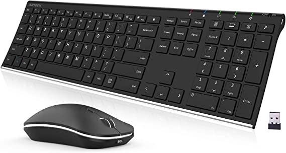 Arteck 2.4G Wireless Keyboard and Mouse Combo Stainless Steel Ultra Slim Full Size Keyboard Keyboard and Ergonomic Mice for Computer Desktop PC Laptop and Windows 10/8/7 Build in Rechargeable Battery