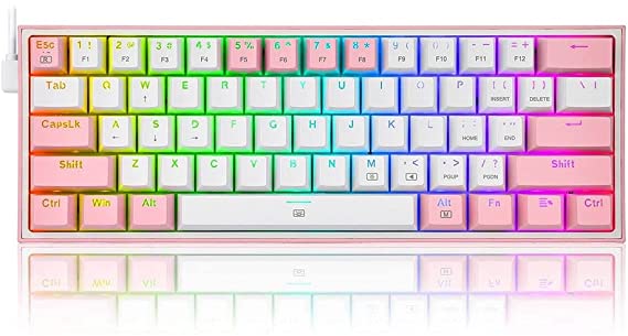 Redragon K617 Fizz 60% Wired RGB Gaming Keyboard - Red Switches - English & Arabic Keys - White Pink