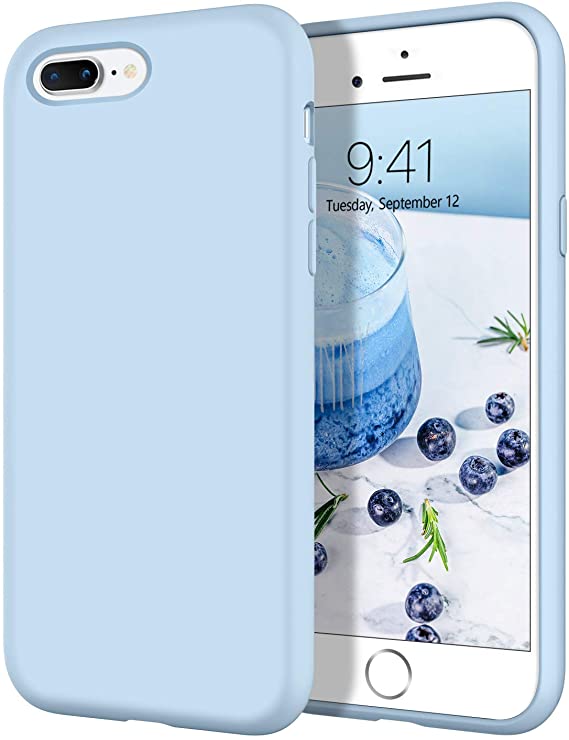 iPhone 8 Plus Case iPhone 7 Plus Case, DOMAVER Slim Lightweight Liquid Silicone Soft Gel Rubber Microfiber Lining Cushion Cover Shockproof Protective Phone Cases for iPhone 7 Plus/8 Plus, Light Blue