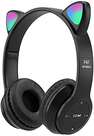 Kids Wireless Headphones, Megadream Bluetooth Over Ear Headsets Cat Ear LED Light Child Headset TF Card/Wired Foldable Earphones for Girls Boys Gift (Black)