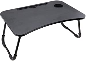 Foldable Reading Laptop Stand, with Hidden Drawer Thermos Tablet Slot -(Black Wood Grain)