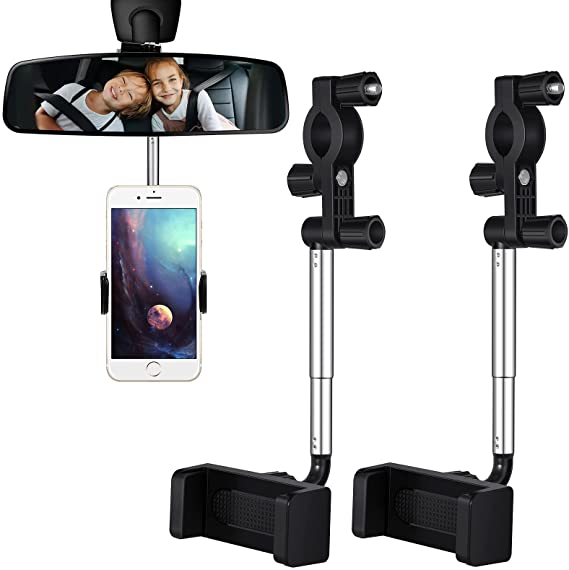 360°Rearview Mirror Phone Holder (2 Pack), Universal Car Rearview Mirror Phone Mount Stand GPS Holder, Smartphone Cradle Stand and Back Seat Mobile Phone Holder for Most 4-6.1 Inch Phones (Black)