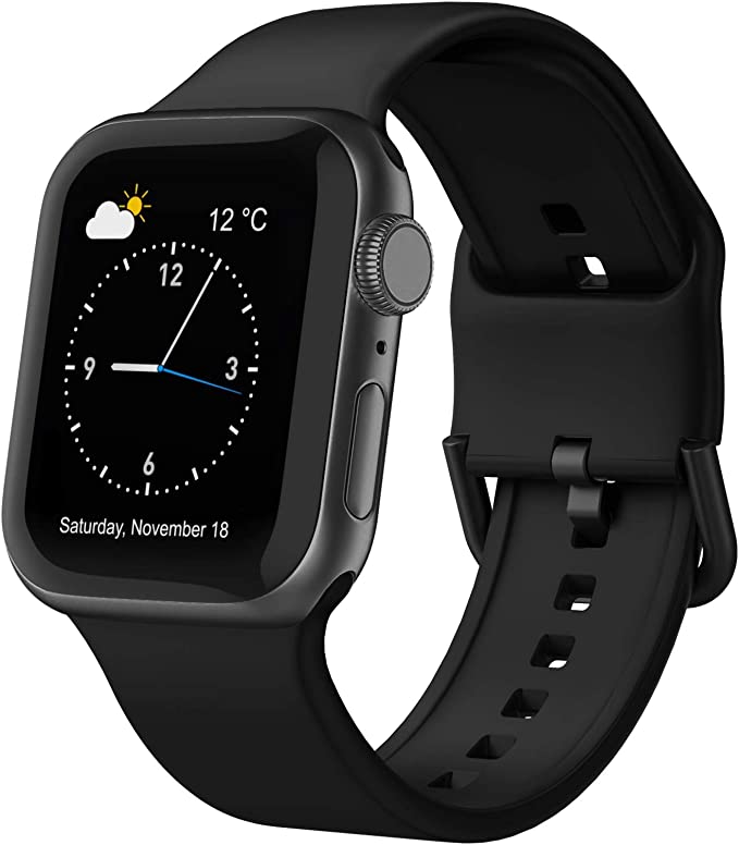 Sport Band Compatible with Apple Watch Bands 45mm 44mm 42mm, Soft Silicone Wristbands Replacement Strap with Classic Clasp for iWatch Series SE 7 6 5 4 3 2 1 for Women Men, Black 38/40/41mm