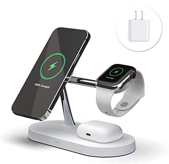 Levias 3 in 1 Wireless Charging Station for iPhone 12, Pro, Pro Max, Mini, Watch and Air pods with Mag Safe Support and incl. Fast Charger. Integrated Night Lamp