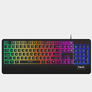 Havit KB488L Rainbow Full Membrane Gaming Office Keyboard Ergonomic Design with Wrist Rest for PC Desktop, 105 Keys - AR/ENG Layout