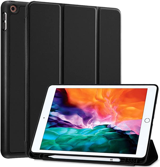 SIWENGDE Compatible for iPad 8th Gen(2020)/7th Generation(2019) Case with Pencil Holder, iPad 10.2 Case for Kids, Slim Soft Silicone Smart Trifold Stand Full Body Protective Cover. (Black)