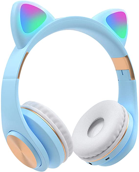 Amusingtao Kids Headphones Bluetooth Cat Ear, LED Light Up Wireless Foldable Headphones,10m noise isolation,Over Ear with Microphone and Volume Control for Smartphones/Laptop/PC/TV