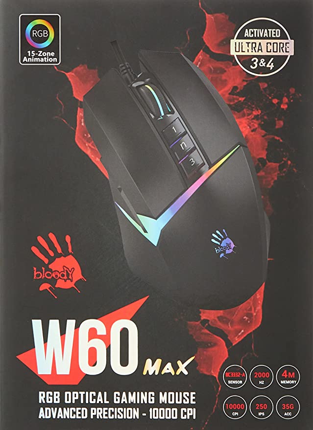 Bloody W60-MAX Activated RGB Gaming Mouse -10,000 CPI - 2000Hz Rate- 4 Types LOD Setting Switch