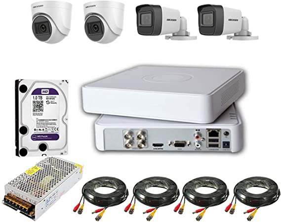 A complete surveillance system, 4 surveillance cameras Hikvision, high definition, 2 megapixels, with a DVR recorder, FULLHD, and a 1 TB hard disk, with adapters and wires