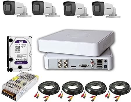 A complete surveillance system, 4 surveillance cameras Hikvision, high definition, 2 megapixels, with a DVR recorder, FULL HD 1080p, and a 1 TB hard disk, with adapters and wires