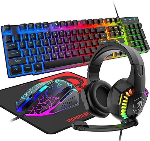 UK Layout Wired Gaming Keyboard & Mouse & Headset Combo 4 in 1 Gaming Set 104 Keys Keyboard + Optical Rainbow LED Gaming Mice + RGB Backlit Headphone + Mouse Pad, for PC, Laptop, Mac, PS4,XBOX-Black