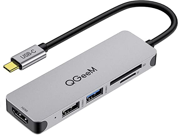 QGeeM USB C Hub, 5 in 1 USB C to HDMI Adapter, with 4K HDMI Output, USB 3.0, SD/TF Card Reader Compatible with MacBook Pro, iPad Pro, XPS, Surface Pro/Go More Type C (Thunderbolt 3) Devices