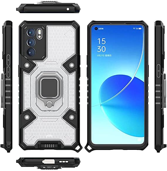 Compatible Case for Oppo Reno 6 5G, Space Capsule Pattern Anti-Slip Protective, Ultra Shock Absorption, Kickstand Ring, with Lanyard. Cover for Oppo Reno 6 5G - Translucent/Black