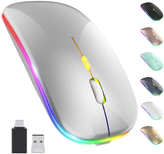 【Upgrade】LED Wireless Mouse, Rechargeable Slim Silent Mouse 2.4G Portable Mobile Optical Office Mouse with USB & Type-c Receiver, 3 Adjustable DPI for Notebook, PC, Laptop, Computer, Desktop (Silver)