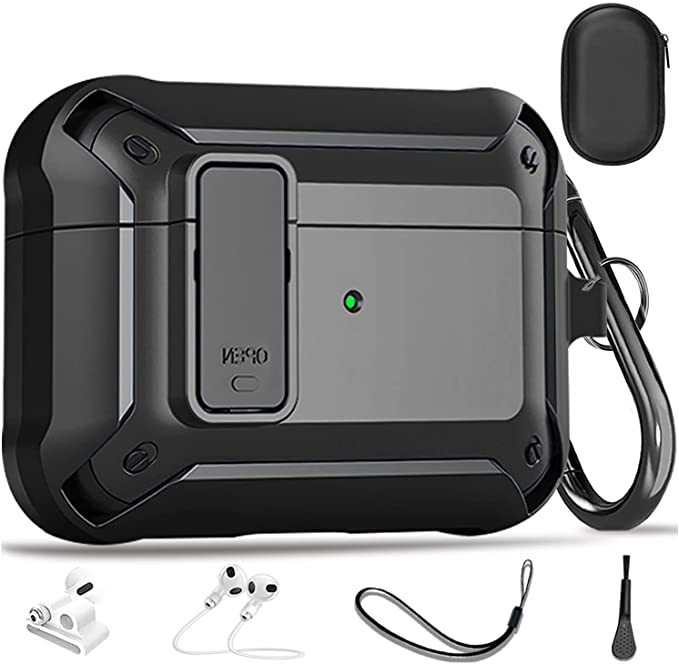 [with Secure Lock] Black Airpods Pro Case Cover ,Cool Shockproof Full-Body Rugged Armor Hard Cover for Apple AirPod Pro 2019 with Keychain for Men Women (Black)