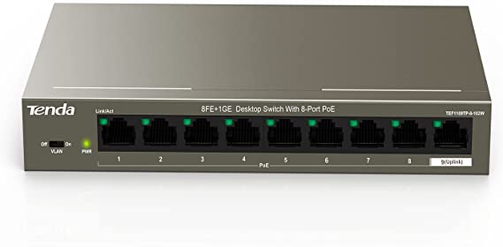 Tenda TEF1110P | 9-Port|Fast Ethernet PoE+（Enhanced| Unmanaged Ethernet Switch | QoS | Plug & Play | Traffic Optimization | Metal | Fanless | Limited Lifetime Protection