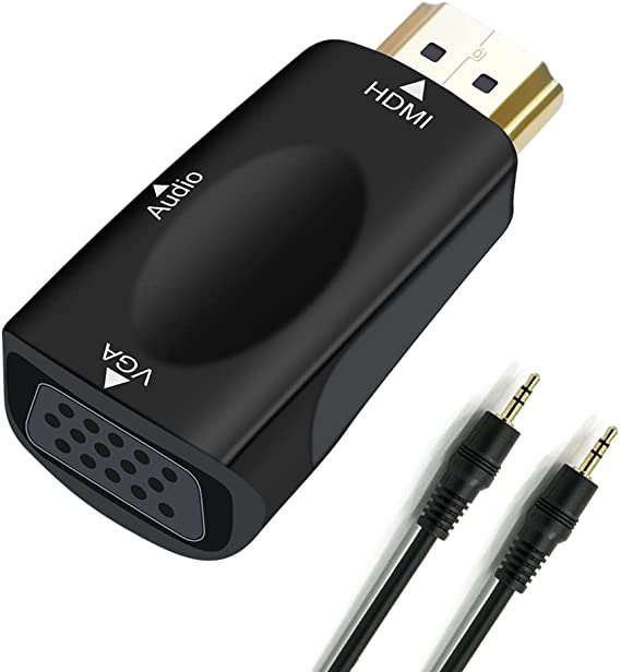 DTECH HDMI to VGA Adapter with 3.5mm Audio Port Out for Computer Monitor PC TV 1080P HD Video (Male HDMI Input, Female VGA Output)