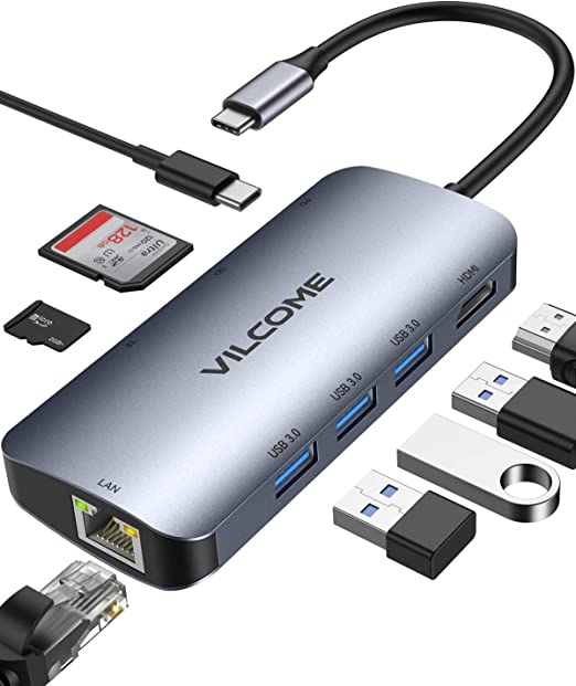 vilcome USB C Hub Adapter, 8-in-1 USB C Adapter,with 4K USB C to HDMI,SD/TF Card Reader and Ethernet,3 USB 3.0 Ports,87W Power Delivery,for MacBook Pro, iPad Pro 2019/2018, Pixelbook, XPS, and More