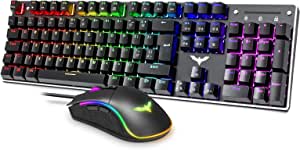 havit Wired Mechanical Gaming Keyboard and RGB Mouse Combo Set UK Layout, Blue Switch Mechanical Anti-Ghosting Keyboard 105 Keys + 4800Dots Per Inch Programmable Wired Gaming Mouse, Black