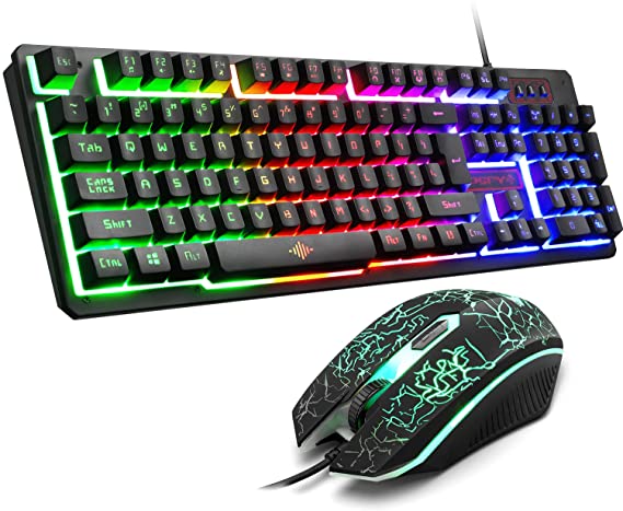 FELiCON K13 Gaming Keyboard Mouse,Rainbow LED Backlit Metal Keyboard Gaming Keyboard and Mouse Set with Ergonomic + 2400DPI 4 Buttons Optical with Mouse for PC Laptop Computer,Black