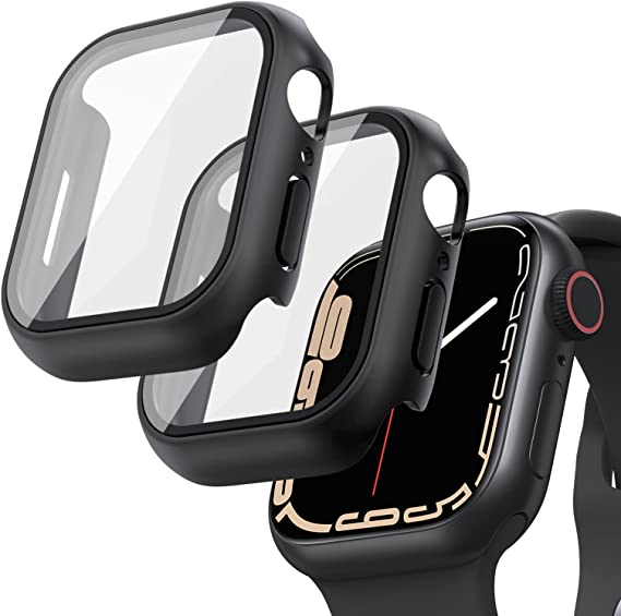 [2 Pcs] Goton for Apple Watch Series 7 Screen Protector Case 45mm, Full Protective Shockproof HD Clear Hard PC Cover for iWatch Series 7 Accessories Men Women (45 mm, Black+Black)