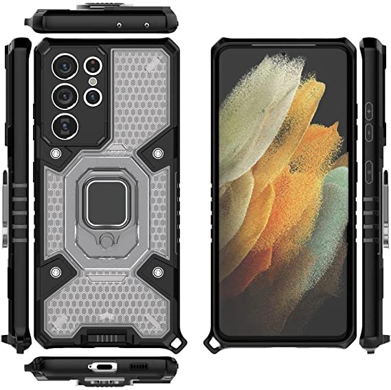 Compatible Case for Samsung Galaxy S21 Ultra, Space Capsule Pattern Anti-Slip Protective, Ultra Shock Absorption, Kickstand Ring, with Lanyard. Cover for Samsung Galaxy S21 Ultra - Translucent