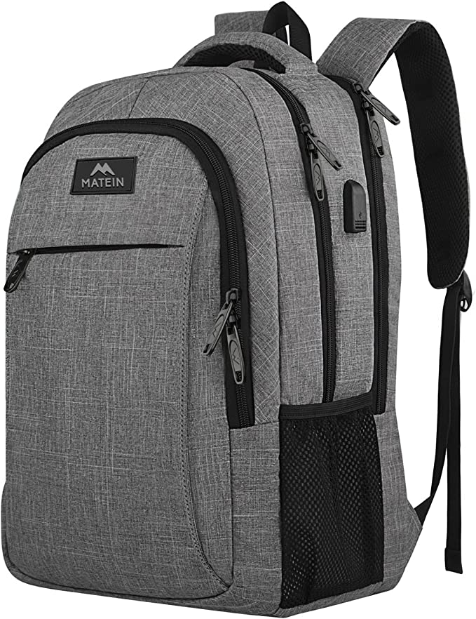 Matein Travel Laptop Backpack, Water Resistant College School Business Computer Bag USB Charging Port Gifts for Men Women Fit 15.6 Inch Notebook,Grey