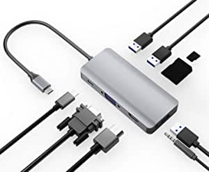USB C to HDMI VGA Adapter,9 in 1 Type C HUB with 3-port USB 3.0,HDMI,1080P VGA,100W USB C PD Charging,USB 3.0 TF/SD Card Reader Multiport Adapter For MacBook Samsung Huawei Other Type C Devices