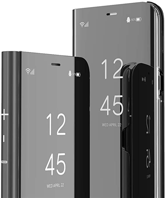 MEIKONST Galaxy S22 Ultra 5G Case,PU Mirror Flip Ultra Slim Cover Scratchproof Electroplate Clear View Window with Kickstand Full Body Protective Cover for Samsung Galaxy S22 Ultra 5G,QH Mirror Black