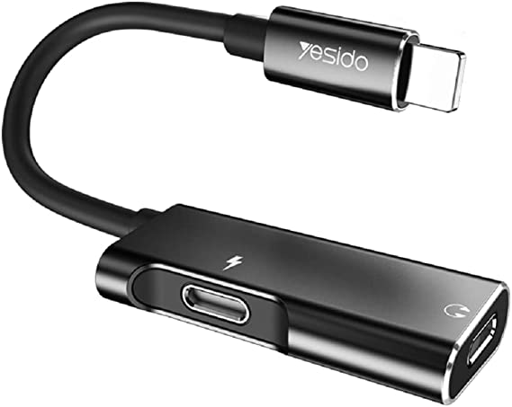 Yesido Headphone Adapter Splitter Compatible with Xs Max X 12 Pro 13 11, 2 in 1 Dual Jack Aux Audio & Fast Charging & Calling & Sync Cable Connector Earphone Charger - Black