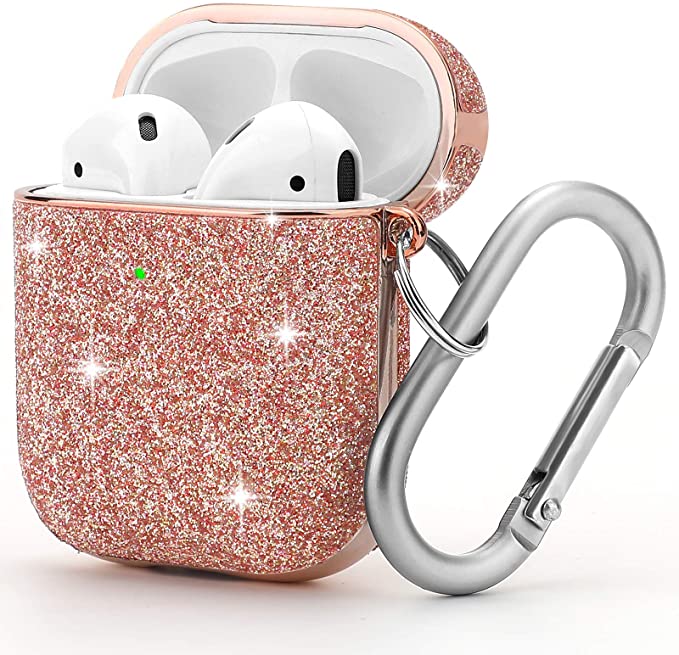 AirPods Case Luxury Glitter Protective Cover for AirPod Case Hard [Front LED Visible] Shockproof Airpods Cover with Keychain for Apple AirPods 2 & 1 Charging Case - Bling Pink