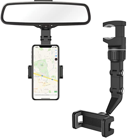 FURNIE Rearview Mirror Phone Holder for Car, Rotatable and Retractable Car Phone Mount, Multifunctional Rearview Mirror Phone Holder, Compatible for Phone 13 12 Pro Max Mini 11 XR XS X Galaxy (Gray)