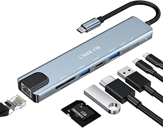 l'aise vie USB C Hub, 5-in-1 USB C to Ethernet Adapter with 4K HDMI Adapter, Ethernet Port, 1 USB 3.0&2.0 Ports PD 100W Charging Docking Station for MacBook Pro, iPad Pro, XPS (8-in-1)