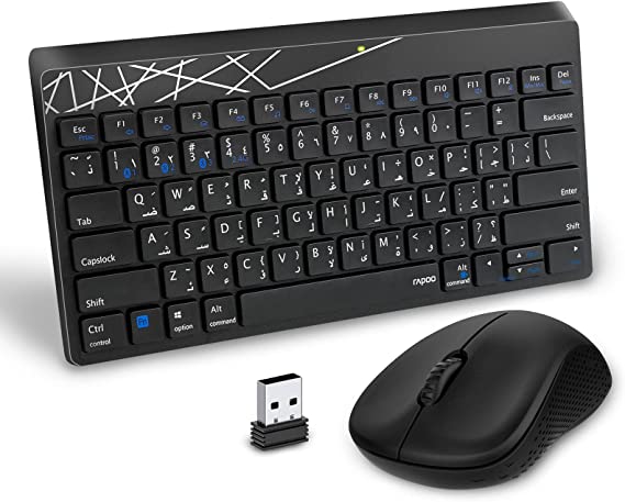 RAPOO 8000M Multi-Mode Wireless Keyboard and Mouse Combo, Bluetooth 3.0/4.0 and 2.4 GHz Wireless, Compact Wireless Optical Mouse, 12 Multimedia Shortcut Keys (English/Arabic Layout)