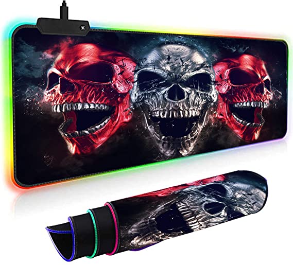 Wisedeal Large Gaming Mouse Pad,Soft Oversized Glowing Led Desk Keyboard Mouse Mat, Anti-Slip Rubber Base, RGB XXL Mousepads, for Work & Gaming, Office & Home Computer Key Board Mousepad (Skull)