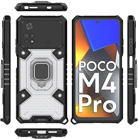 Compatible Case for Xiaomi Poco M4 Pro 4G, Space Capsule Pattern Anti-Slip Protective, Ultra Shock Absorption, Kickstand Ring, with Lanyard. Cover for Xiaomi Poco M4 Pro 4G - Translucent/Black